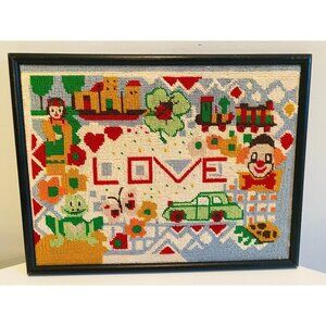 Vintage Needlepoint Embroidery Wall Hanging, Love Needlepoint Picture, Completed